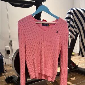 Polo by Ralph Lauren Pink Cable-Knit V-Neck Sweater with Pony Logo